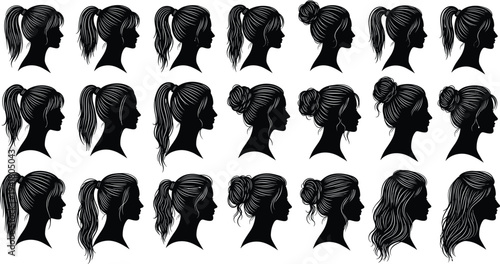 Women hairstyle silhouette collection, female profile head icons with ponytail bun and long hair styles, beauty salon vector set