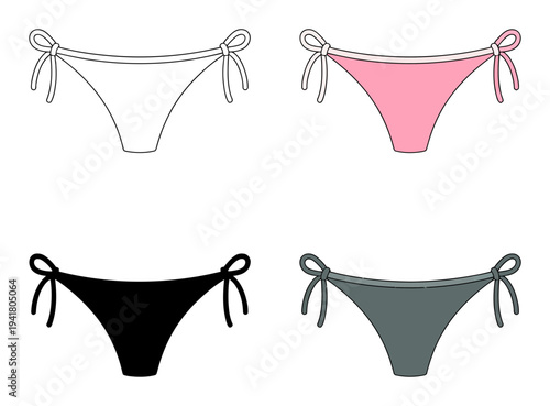 Four bikini bottoms in different colors: white, pink, black, and gray