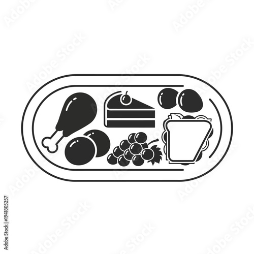 Assorted Food Tray Illustration - Chicken, Cake, Grapes, Sandwich, and Eggs.