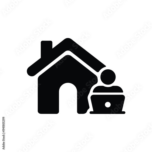 A simple black icon depicting a house with a person and food delivery