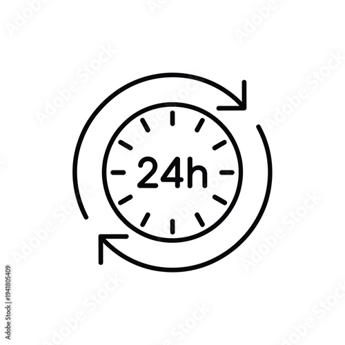 Simple black line icon depicting a clock with 24h inside a circular arrow