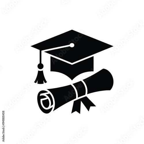 A black silhouette depicting a graduation cap diploma and tassel