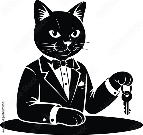 Black cat in tuxedo holding keys bow tie white shirt cufflinks