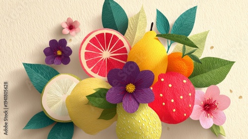 Bright Summer Fruit Arrangement with Paper Blossoms and Green Leaves