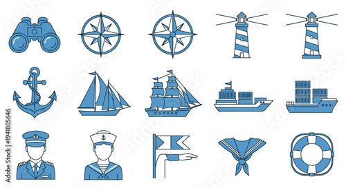A collection of nautical icons and symbols in blue and white colors