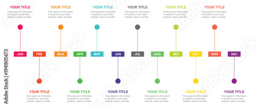 A colorful infographic template displaying a timeline with twelve months and customizable text