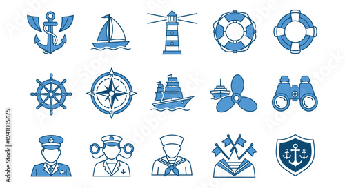 A collection of nautical icons on a white background