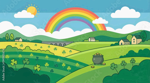 Vibrant Rainbow Spanning Across Rolling Green Hills and Fields with Houses in Countryside Landscape View