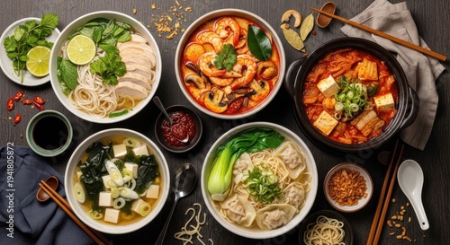 Spicy thai tom yum goong soup with shrimp and mushrooms