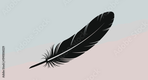 A black feather floating gently in the air against a soft gradient background of pastel colors, Generative AI.