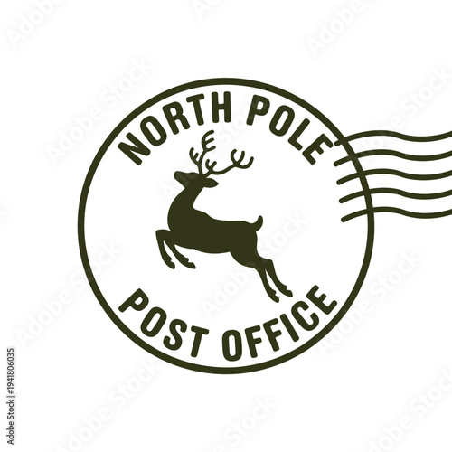 A circular north pole post office stamp featuring a leaping reindeer silhouette