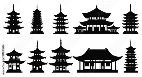 A collection of traditional Asian pagoda silhouettes on a white background