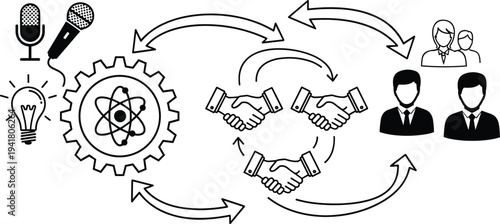 Collaboration innovation vector illustration showing light bulb ideas, microphones communication, handshake partnership, atomic gear technology, and people teamwork interconnected process