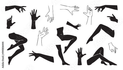 Aesthetic Human Body Parts Silhouette Set: Hand Gestures and Elegant Leg Poses Vector Illustration