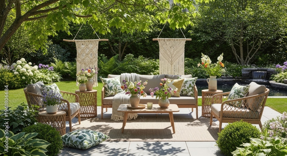 Fototapeta premium Outdoor patio setting with seating area plants and decorative elements