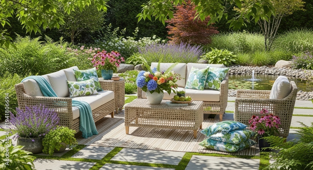 Fototapeta premium Outdoor patio with comfortable furniture and colorful plants in a garden setting