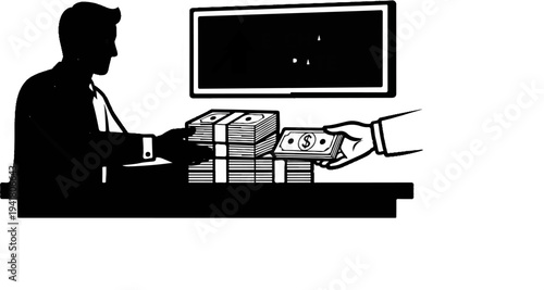 Silhouette of person at desk with stacks of cash and hand offering more