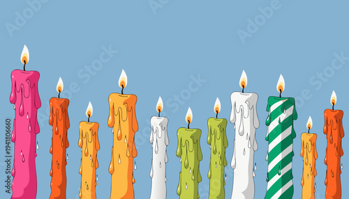 Gemini said

A collection of burning birthday candles with bright yellow flames on blue and white backgrounds for a happy holiday party celebration or anniversary cake decoration