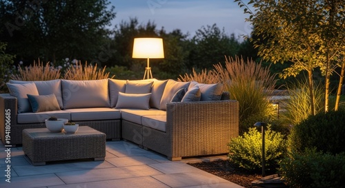 Outdoor patio setting with sofa and lamp at twilight