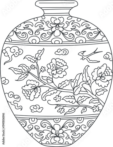 Elegant traditional Asian vase, vector vintage oriental pottery with black and white floral ornaments, flowers and bird