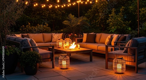 Outdoor patio setting with illuminated lanterns and ambient lighting at night