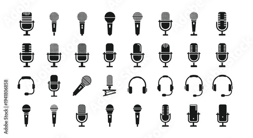 A collection of various microphone and headset icons in black and white