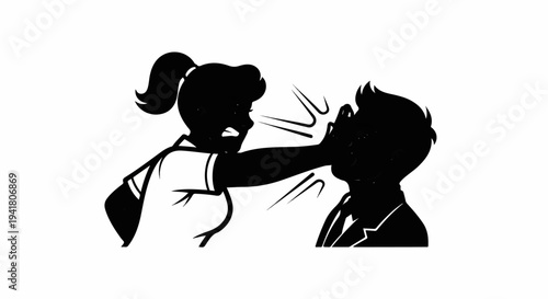 Silhouette of person in ponytail forcefully slapping another person in suit