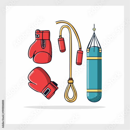 Boxing equipment illustration gloves, jump rope, and punching bag for training