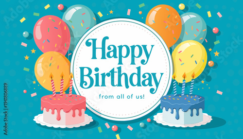 Gemini said

A happy birthday greeting card illustration featuring a sweet chocolate cake with lit candles, festive balloons, and a pink cupcake for a fun party celebration vector design