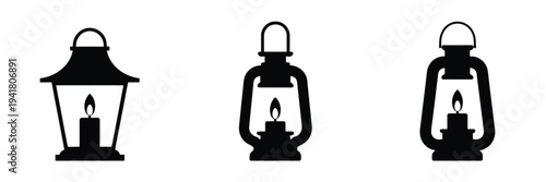 Candle Lantern Vector Design, black silhouette illustration on white background featuring classic vintage lantern with candle light, isolated graphic perfect for camping, decoration, rustic themes, 
