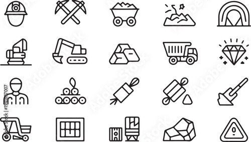 Black and white of mining equipment and tools