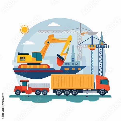 Industrial Logistics and Heavy Machinery Transportation Illustration