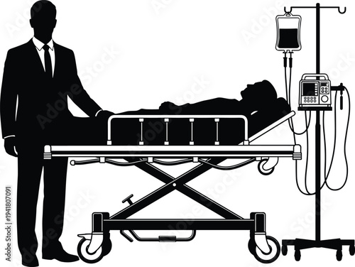 Black and white vector silhouette illustration of hospital patient on bed with IV drip, medical monitor, and visitor healthcare scene