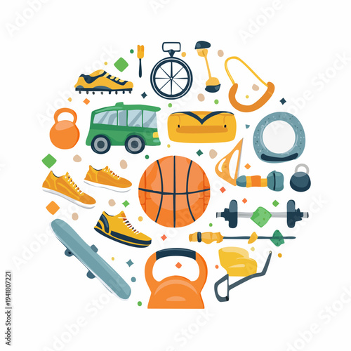Diverse collection of sports equipment and fitness gear arranged in a circular pattern