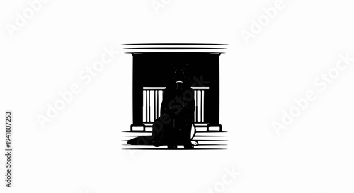 Silhouette of a dog sitting in front of a classical building entrance