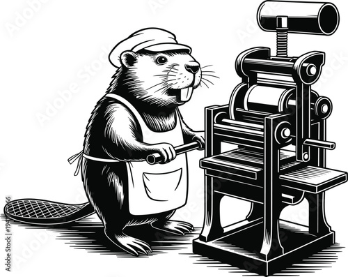 Beaver wearing apron and cap operates printing press black and white