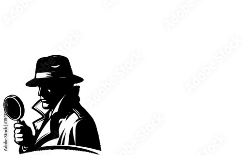 Silhouette of a detective in a fedora and trench coat, holding a magnifying glass