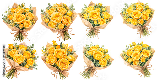A charming watercolor collection of yellow rose bouquets wrapped in kraft paper, featuring elegant floral arrangements with fresh garden roses and greenery.