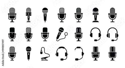 A collection of various microphone and headset icons in black and white
