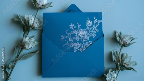 Elegant Floral Invitation: A close-up view of a beautifully designed turquoise invitation, adorned with an exquisite floral embellishment, radiating sophistication and anticipation. 