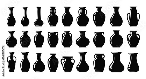 A collection of black vase silhouettes arranged in rows on a white background