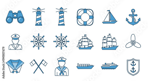 A collection of nautical icons on a white background