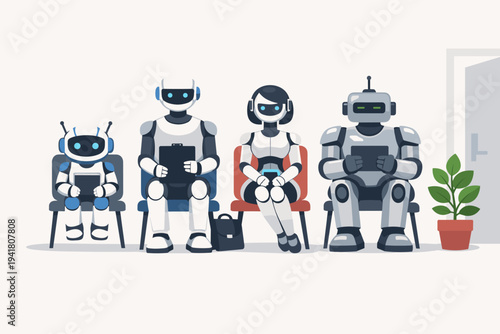 Diverse Robots Sitting in a Waiting Room for a Job Interview, Representing Automation, Artificial Intelligence, and Future Workforce Replacing Humans, Simple Flat Vector Illustration Concept
