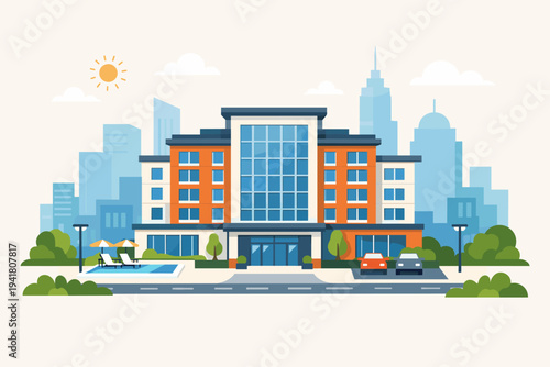 Modern Hotel Building with Swimming Pool and Parking Lot on Cityscape Background, Flat Vector Illustration for Travel, Tourism, and Urban Architecture Design, Sunny Day with Clouds in the Sky.