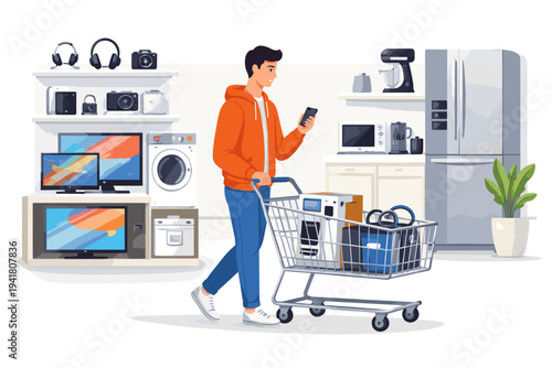 Vector Illustration of a Man Shopping for Consumer Electronics and Home Appliances, Pushing a Cart with Boxes and Using a Smartphone in a Retail Store with TV, Refrigerator, and Kitchen Gadgets.