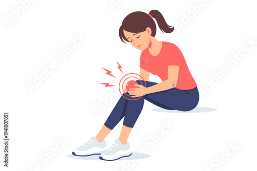 Flat vector illustration of a young woman sitting down and clutching her knee in pain. Concept of sports injury, joint inflammation, arthritis, or muscle strain during exercise, gym, or running.