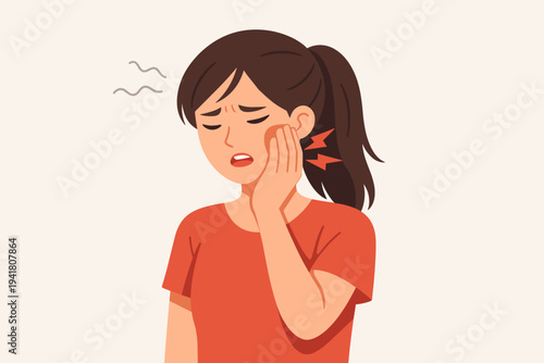 Flat vector illustration of a young woman suffering from severe toothache or jaw pain, holding her cheek with a distressed expression, representing dental health issues and oral sensitivity.