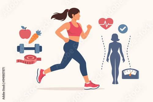 Flat vector illustration of a fit woman jogging to achieve her ideal body shape, surrounded by icons of healthy food, dumbbells, measuring tape, heart rate, and a scale for weight loss progress.