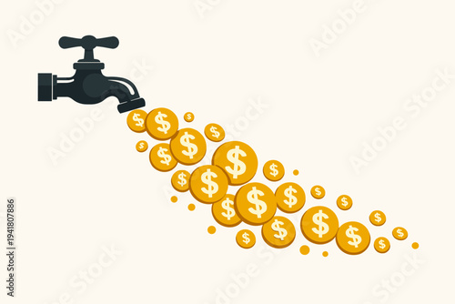Flat vector illustration of a black faucet with golden dollar coins flowing out like water, symbolizing passive income, cash flow, wealth generation, financial success, and economic growth.