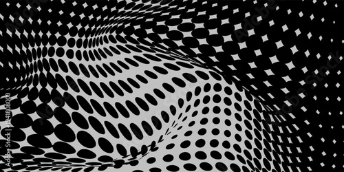 Black and white abstract halftone wave, stretched oval dots forming a warped grid surface, futuristic abstract background